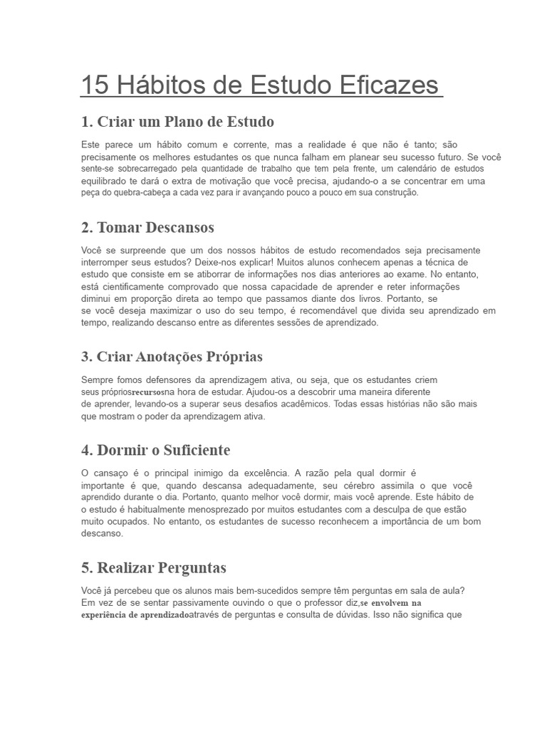 15 Hábitos de Estudo para Sucesso Acadêmico | PDF | Aprendizado | Tempo