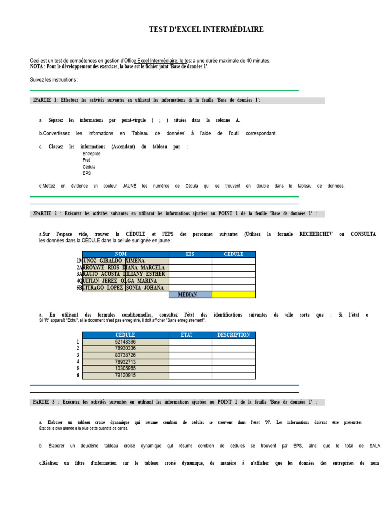 Test Excel Intermédiaire: Compétences clés | PDF | Microsoft Excel ...