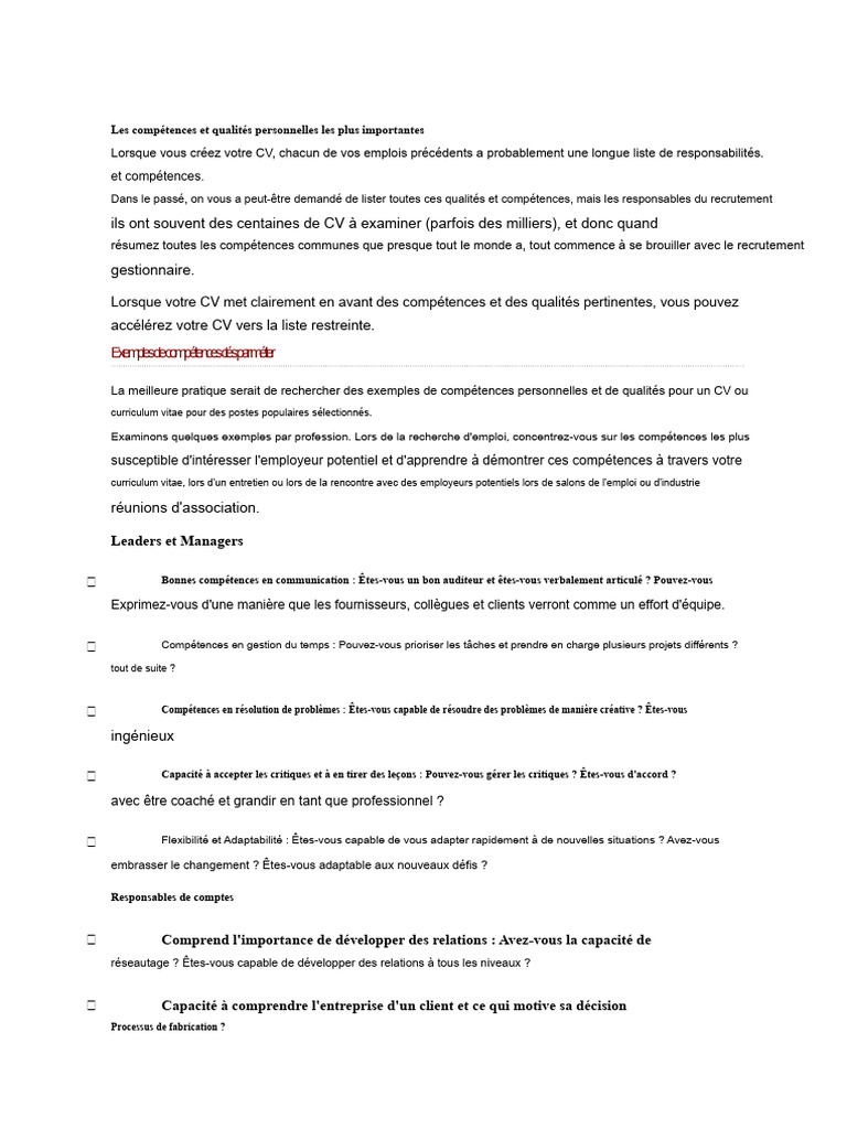 Les Compétences Et Qualités Personnelles Les Plus Importantes | PDF ...