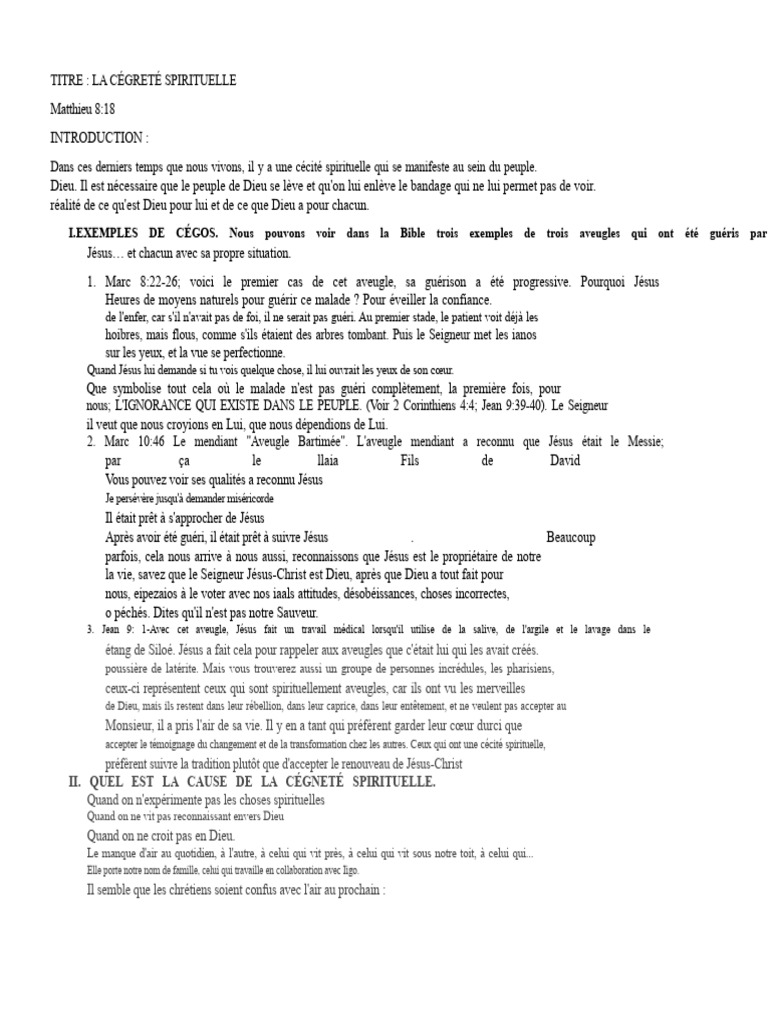 Cécité Spirituelle et Guérison Divine | PDF | Dieu | Évangile selon Marc