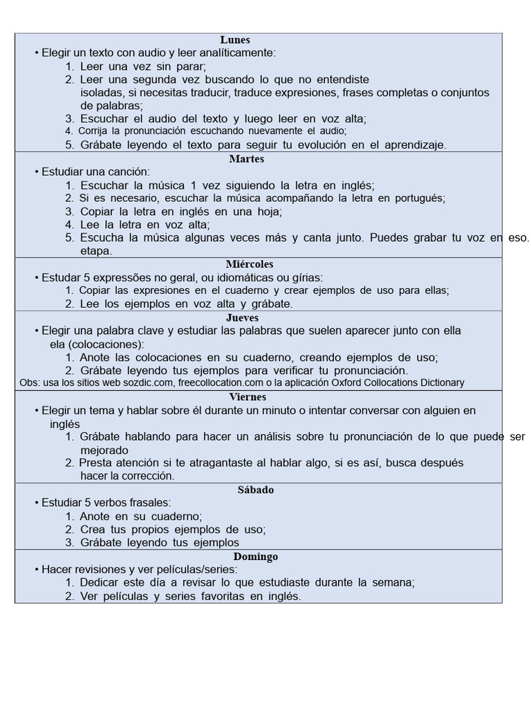 Plan Semanal para Aprender Inglés | PDF | Idioma en Inglés