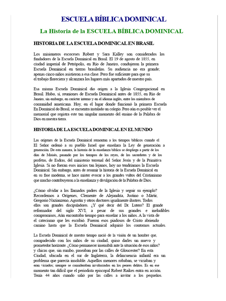 Historia de la Escuela Bíblica Dominical | PDF | Escuela dominical ...