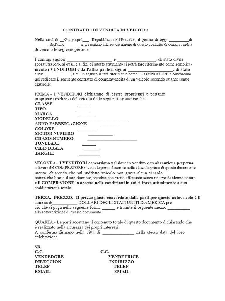 Contratto Di Compravendita Di Veicolo | PDF