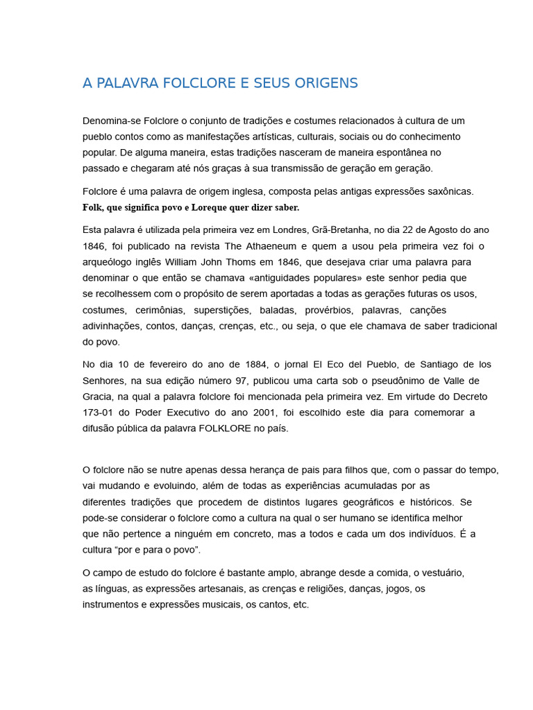 Origem da Palavra Folclore | PDF | Folclore