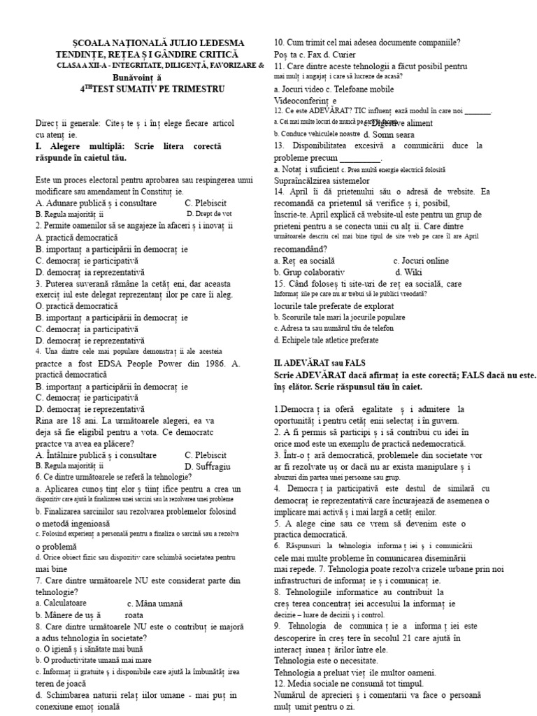 Test Sumativ Pentru Semestrul 4 | PDF