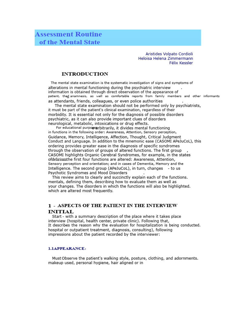 Mental State Examination Guide | PDF | Hallucination | Memory