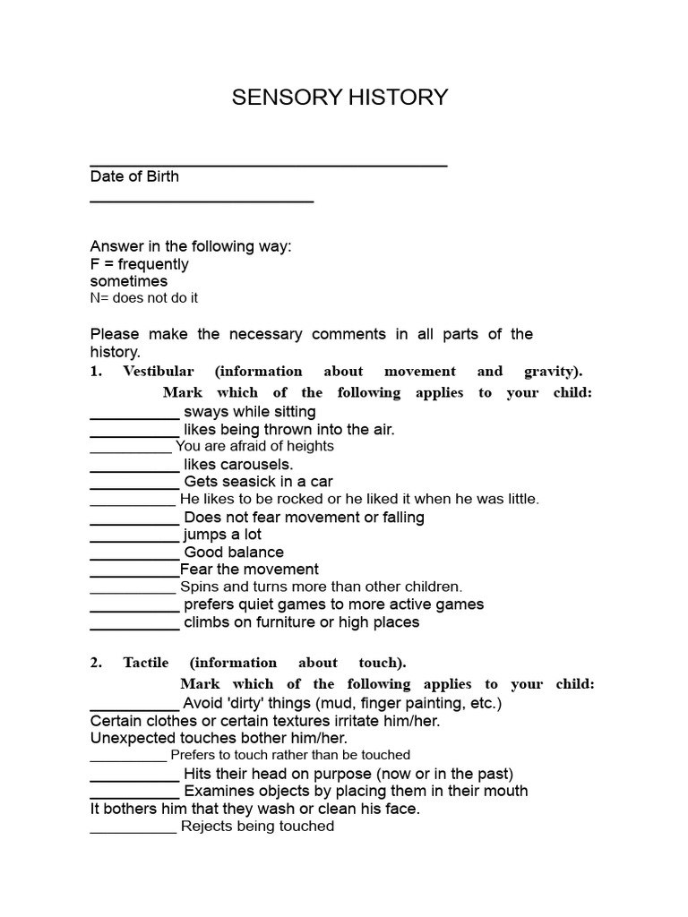 Sensory History Assessment for Children | PDF | Odor | Somatosensory System