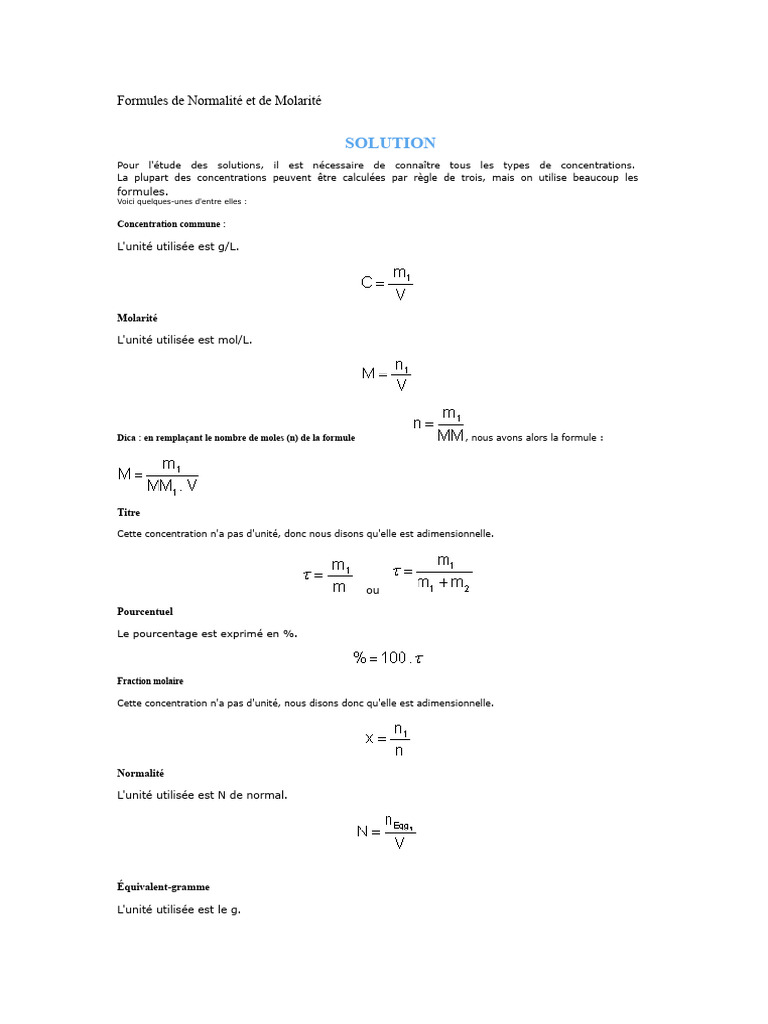 Normalité et Molarité en Chimie | PDF | Concentration molaire | Chimie