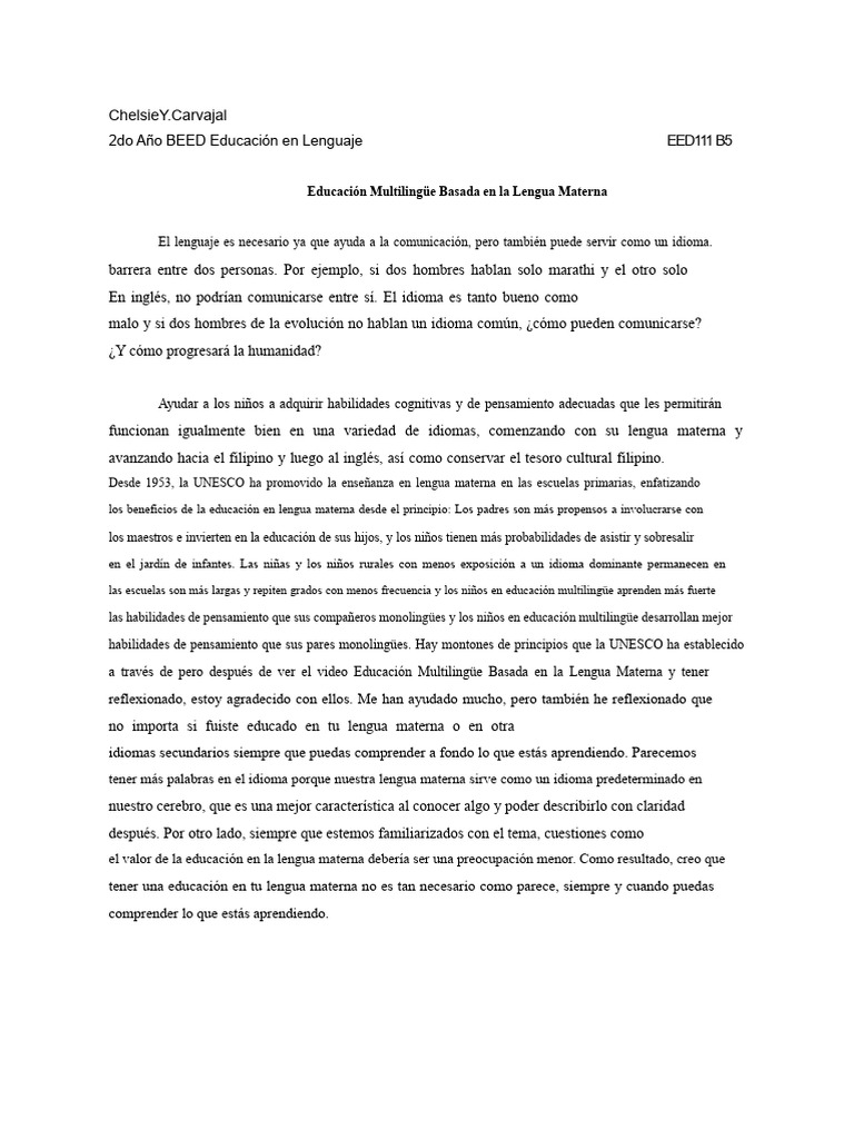Reflexión en Lengua Materna | PDF | Primer idioma | Pensamiento