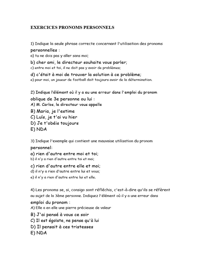 Exercices sur les pronoms personnels | PDF