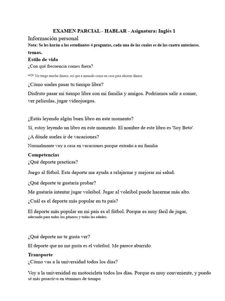 Examen Parcial de Inglés 1: Hablar | PDF | Deportes