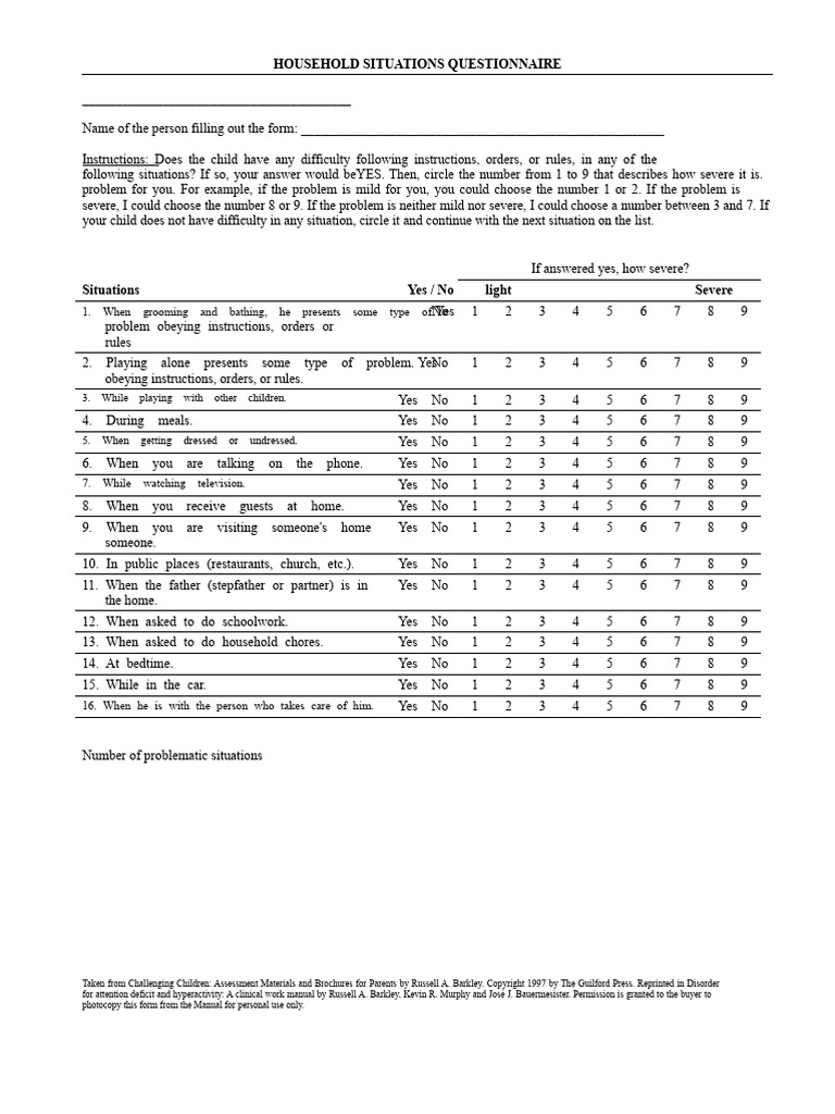 Household Situations Questionnaire | PDF | Behavioural Sciences
