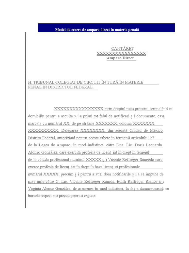 Model de Cerere de Amparo Direct În Materie Penală | PDF