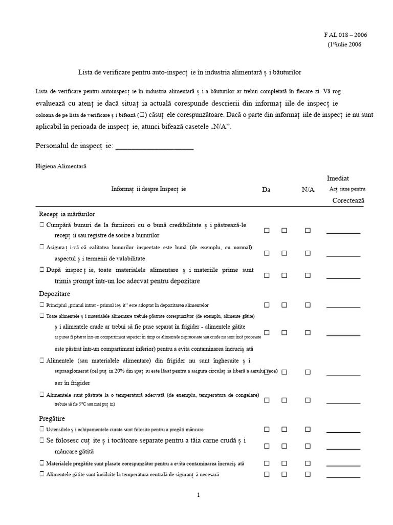 Checklist de Autoevaluare Pentru Industria Alimentară Și Băuturi PDF | PDF