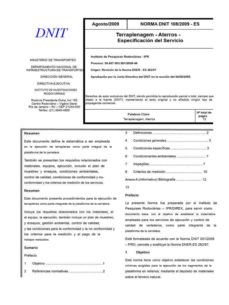 Especificaciones para Terraplenes DNIT 108/2009 | PDF | Vertedero ...