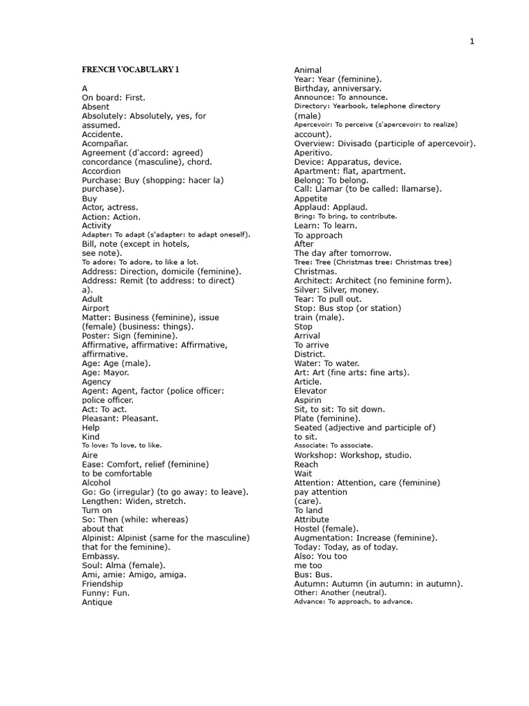 French Vocabulary List A-D | PDF | Grammatical Gender | Adjective