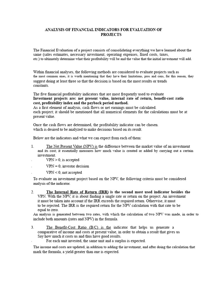 Analysis of Financial Indicators For Project Evaluation | PDF | Net ...