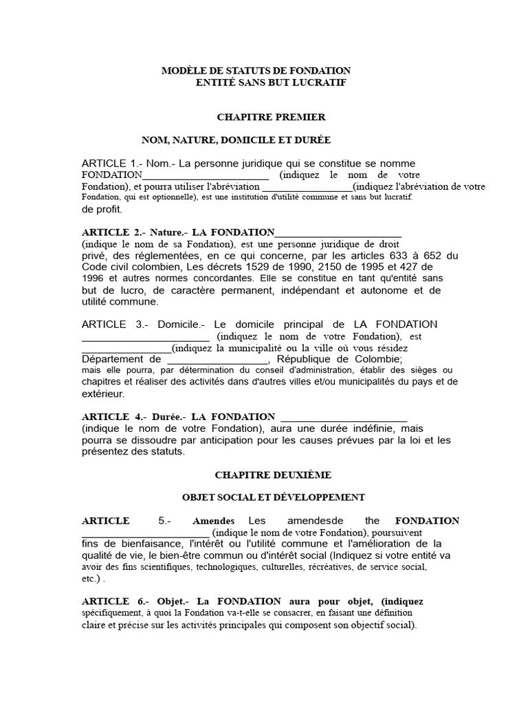 Modèle de Statuts pour Fondation Non Lucrative | PDF | Fondation (Non ...
