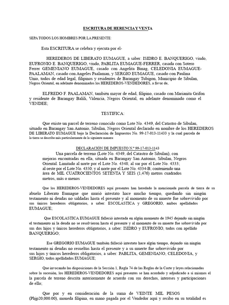 ESCRITURA de Herencia y Venta - Eumague Banquerigo | PDF