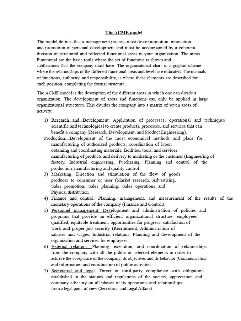 ACME Model: Organizational Structure Guide | PDF | Marketing | Engineering