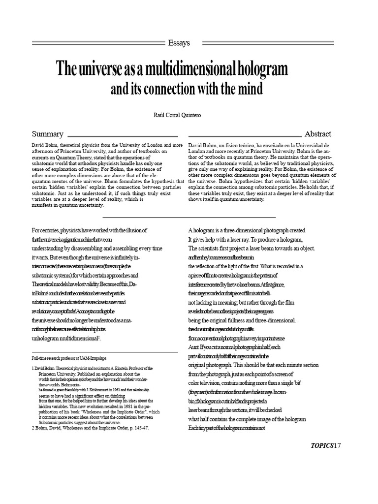 Bohm - The Universe As A Multidimensional Hologram | PDF | Reality ...