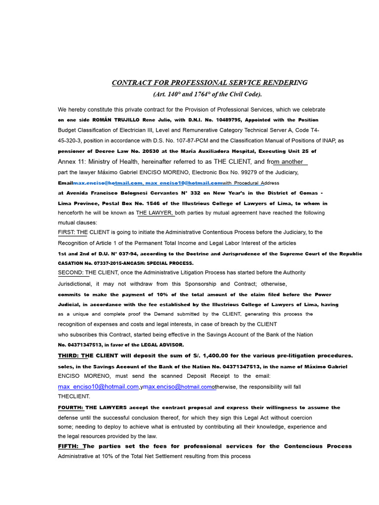 Contract For Professional Services (Payment To Lawyer by Client) | PDF ...