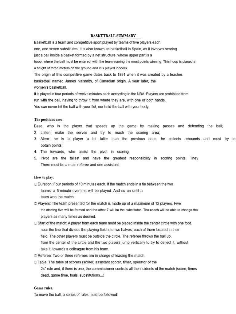 Overview of Basketball Rules and Play | PDF | Indoor Sports | Sports ...