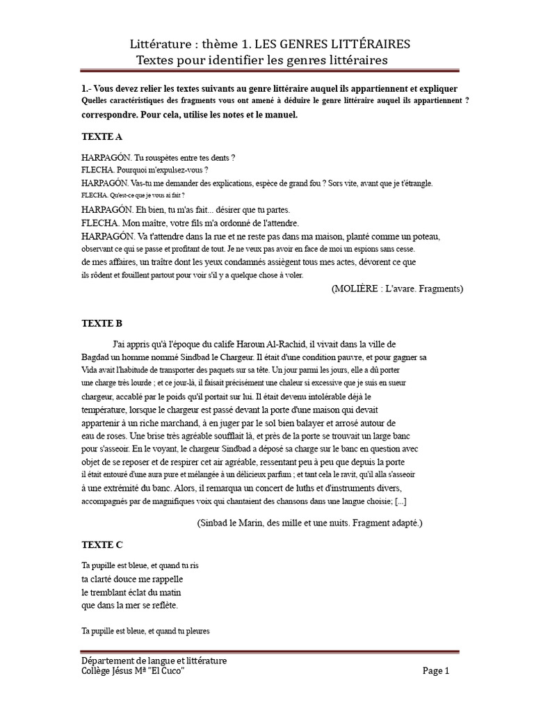 Exercices Sur Les Genres Litt raires PDF