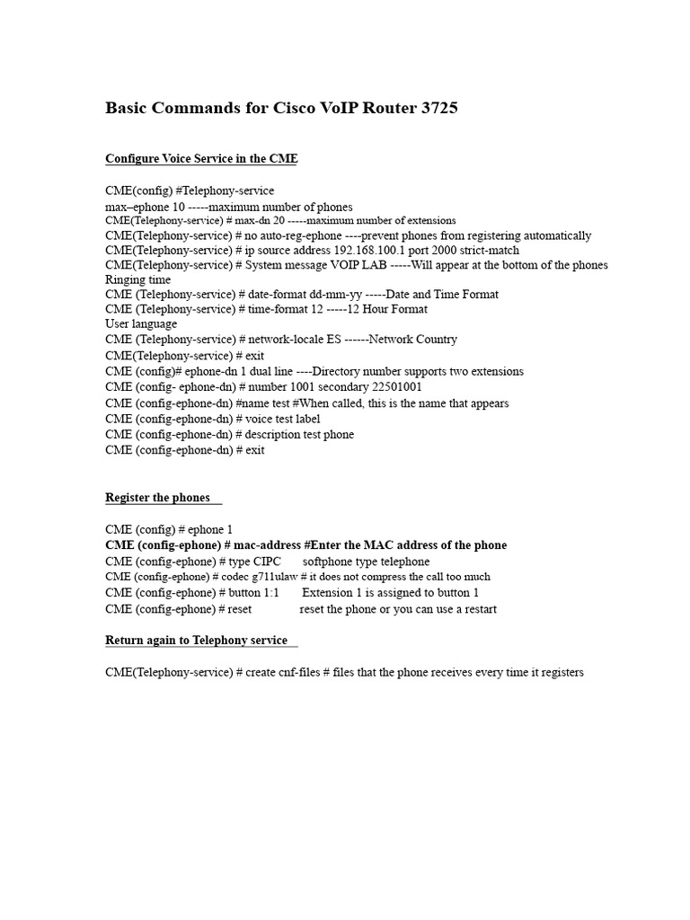 Basic Commands For Cisco VoIP Router 3725 | PDF