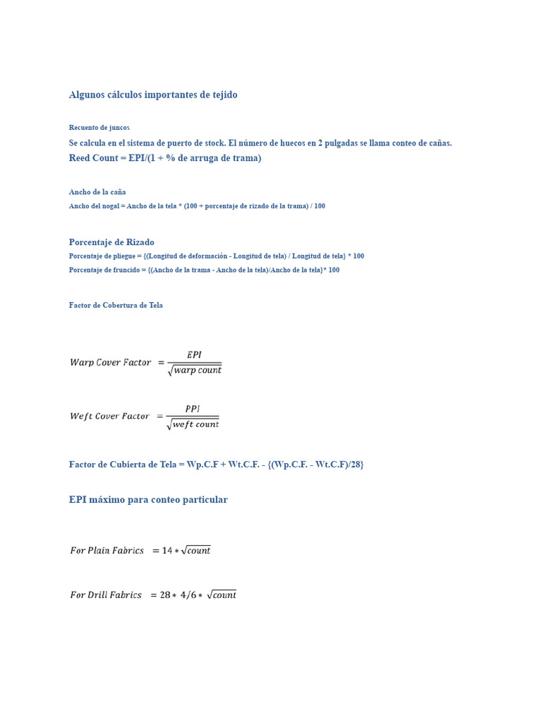 Algunos Cálculos Importantes de Tejido | PDF | Textiles | Artes Textiles