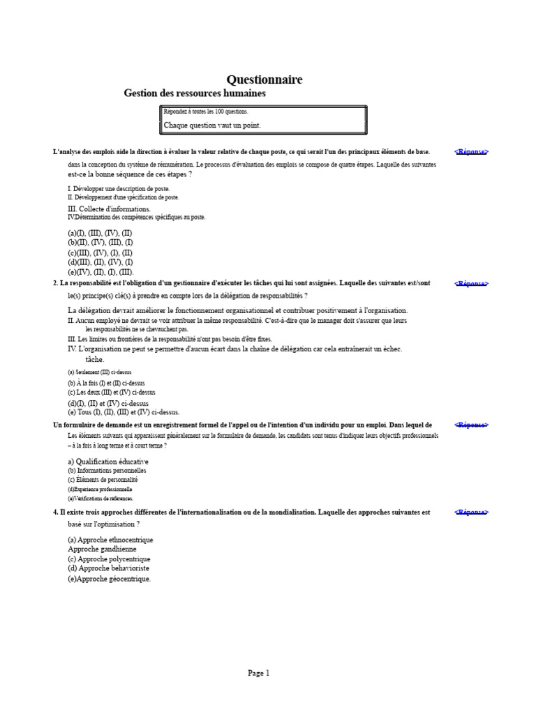 Questionnaire sur la gestion des ressources humaines | PDF | Gestion ...