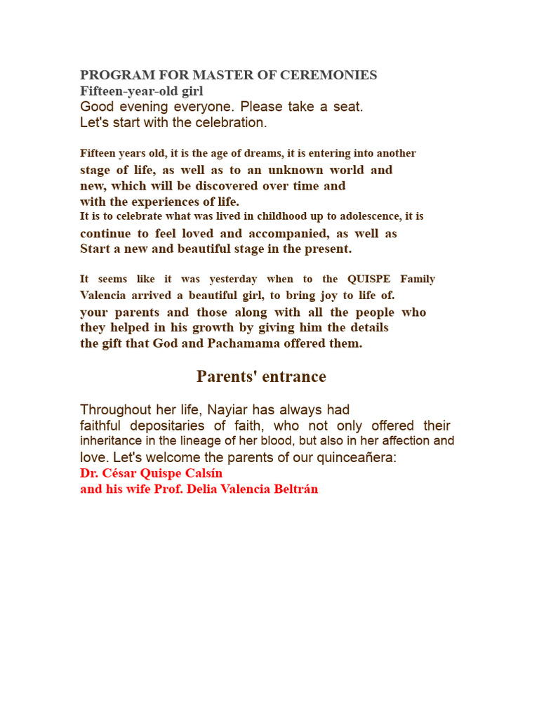 Program for Quinceañera Ceremony Nayiara | PDF