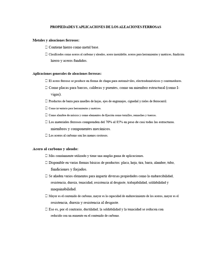 Propiedades y Usos de Aleaciones Ferrosas | PDF | Acero | Aleación