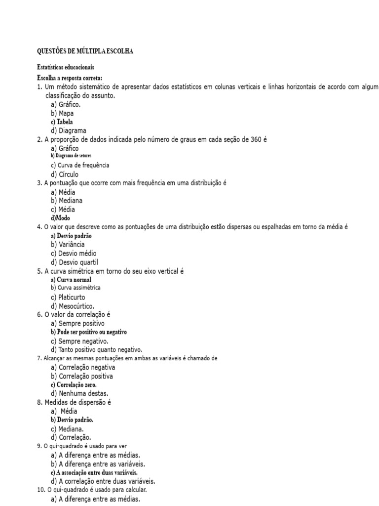 Questões de Múltipla Escolha em Estatística | PDF | Mediana ...