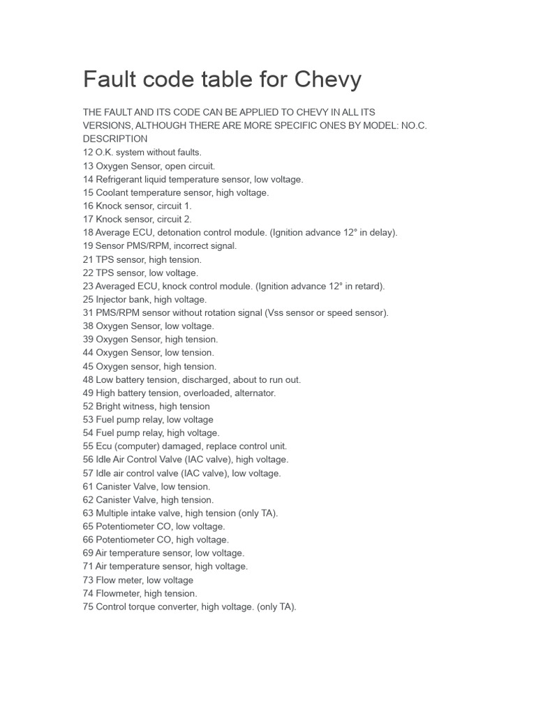 Chevy Fault Code Reference Guide | PDF