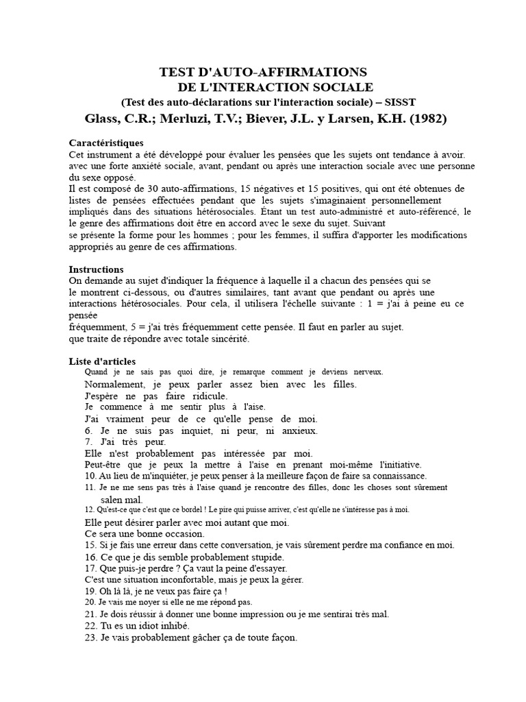 Test d'Auto-Affirmations sur l'Anxiété Sociale | PDF | Sciences ...
