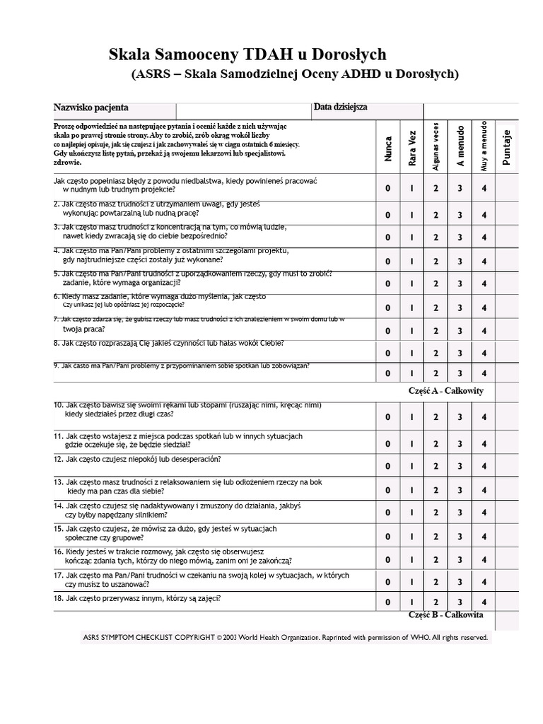 ASRS - Skala Samooceny ADHD U Dorosłych | PDF