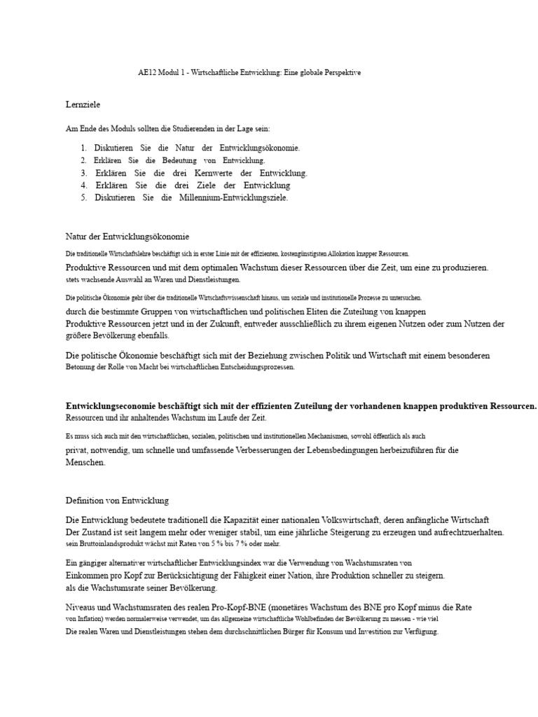 AE12 Modul 1 Wirtschaftliche Entwicklung Eine Globale Perspektive | PDF