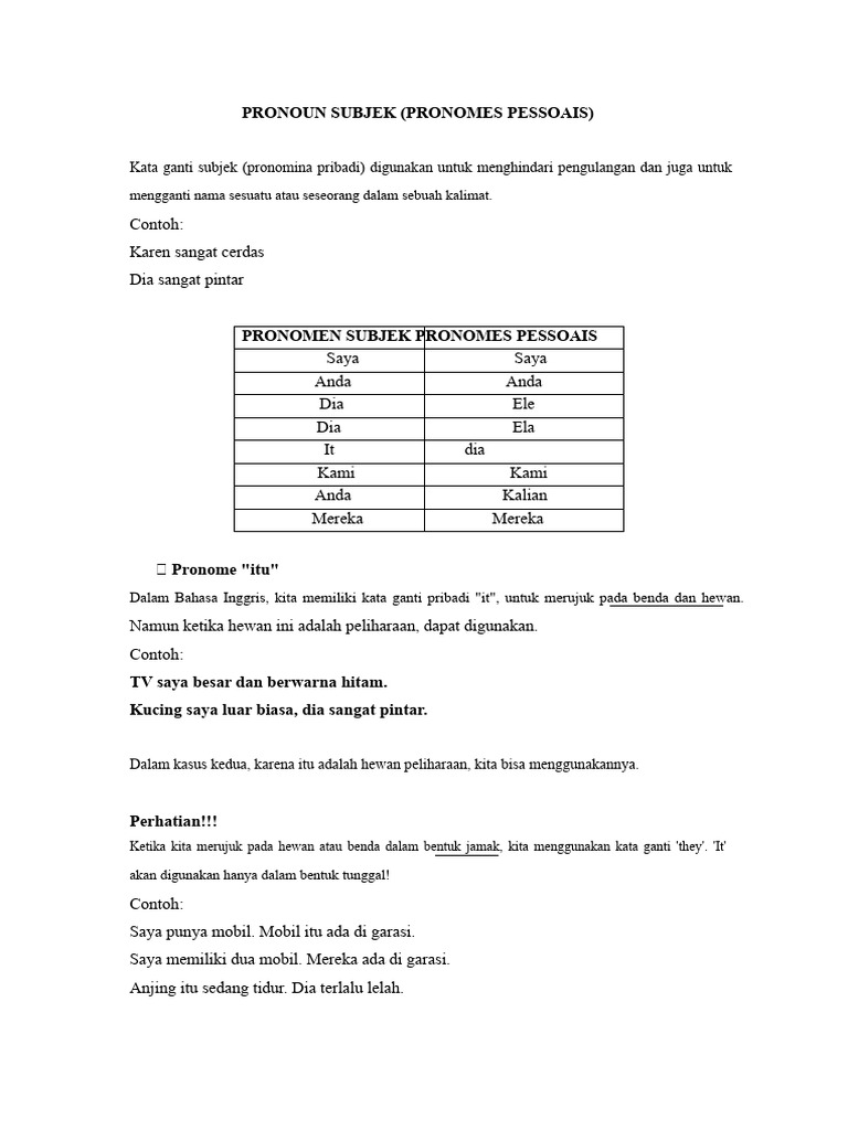 Panduan Lengkap Pronoun Subjek dalam Bahasa Inggris | PDF