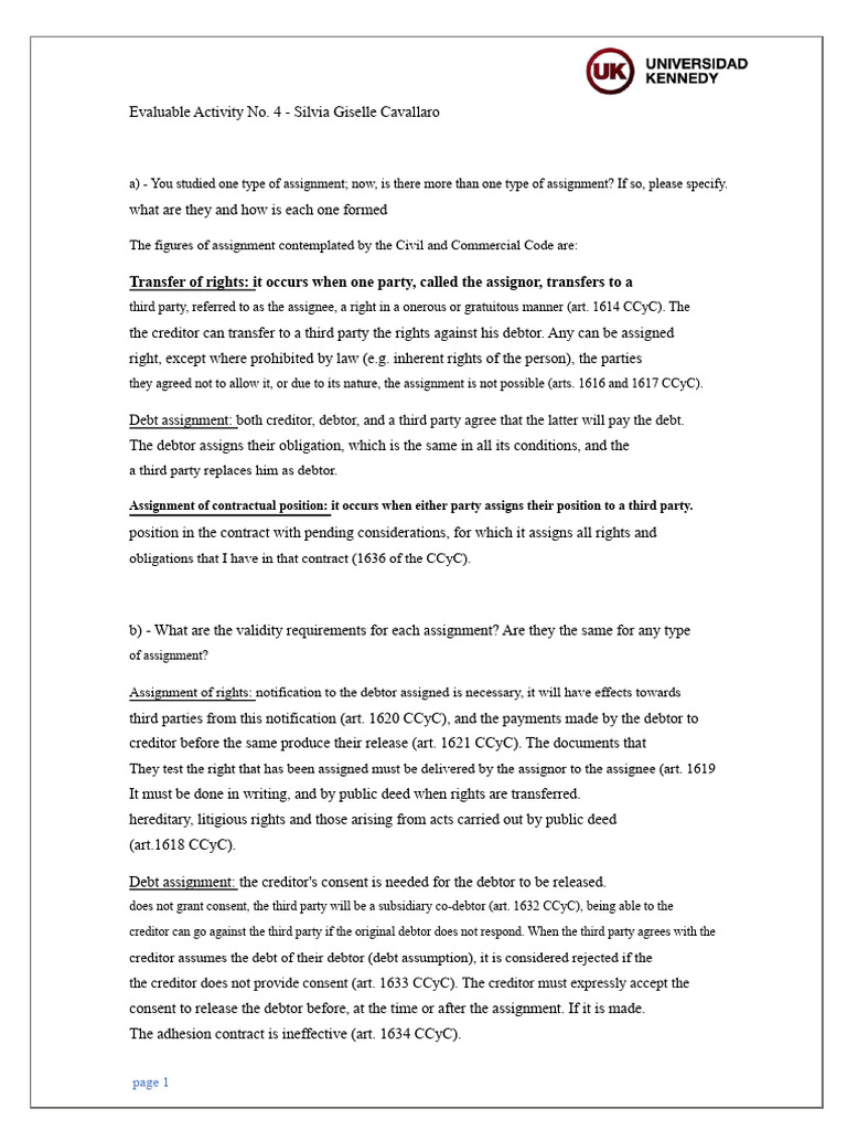 Evaluable Activity No. 4 - General Part Contracts | PDF | Assignment ...