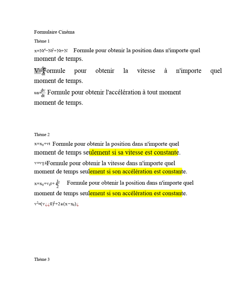 Formules de Cinéma : Position, Vitesse, Accélération | PDF
