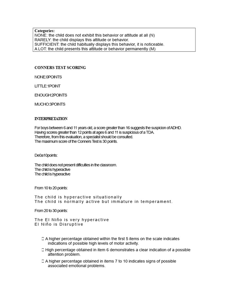 Conners Test Scoring Interpretation Guide | PDF
