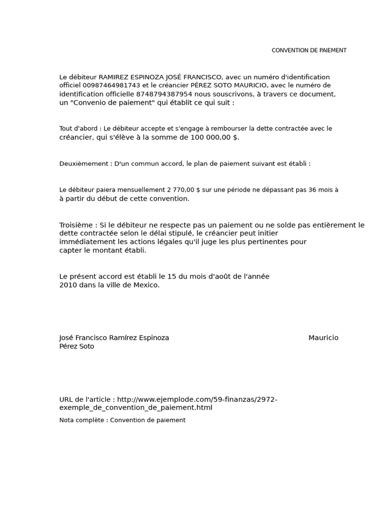 Accord de paiement entre débiteur et créancier | PDF