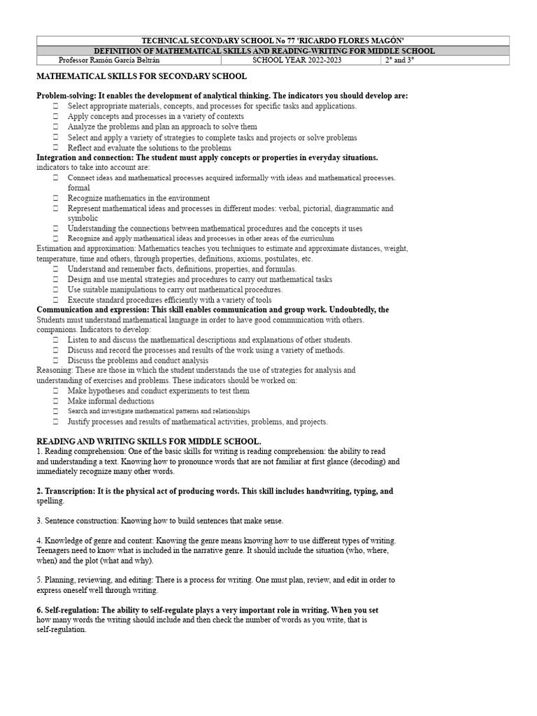 Mathematical Skills and Reading Writing For Secondary Education | PDF ...