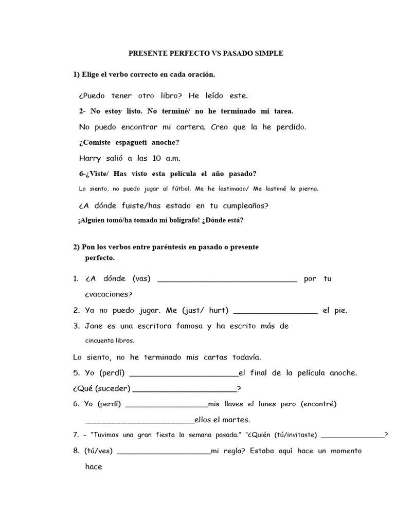 Ejercicio de Pasado Simple X Presente Perfecto | PDF