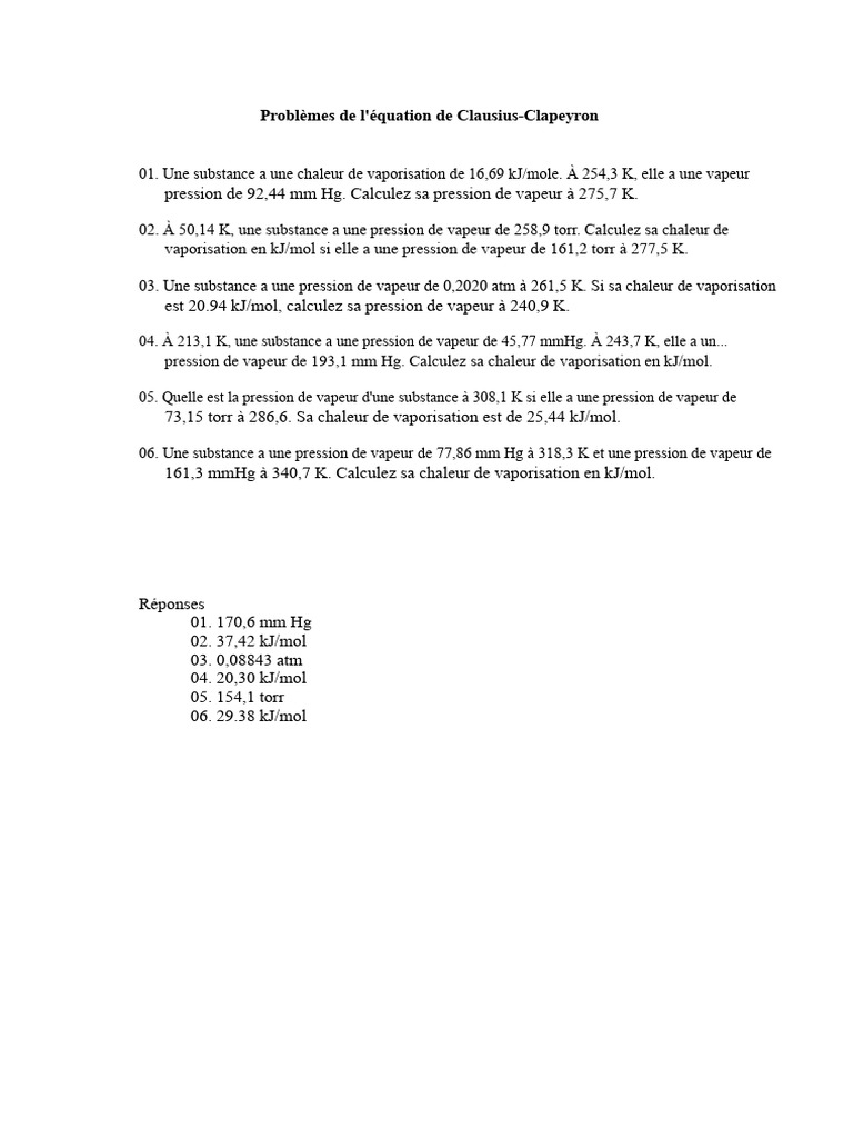 Calculs de pression de vapeur et chaleur de vaporisation | PDF