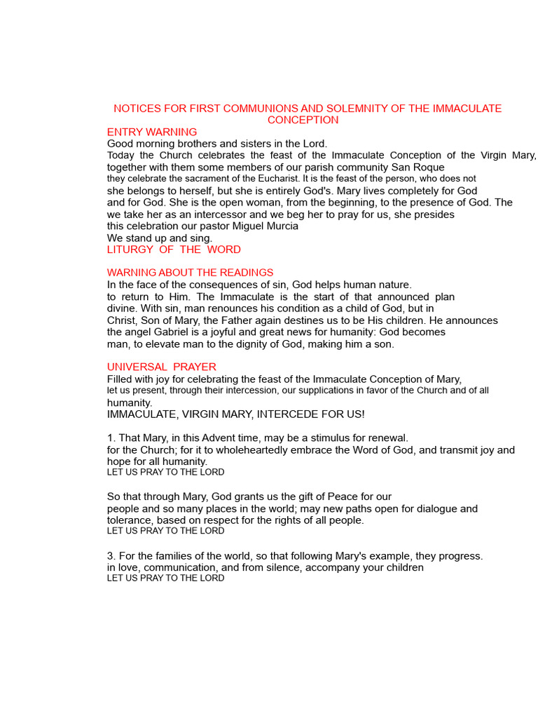 First Communion Notices and Solemnity of The Immaculate Conception ...