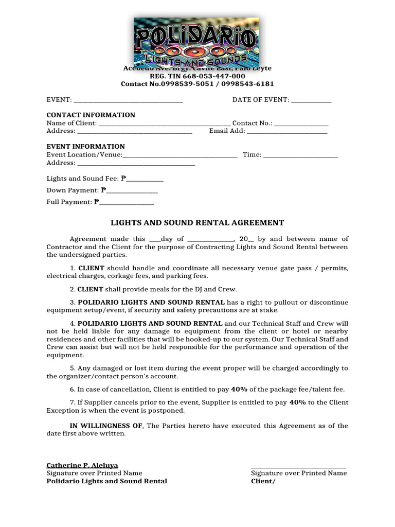 Lights and Sound Rental Agreement Template | PDF