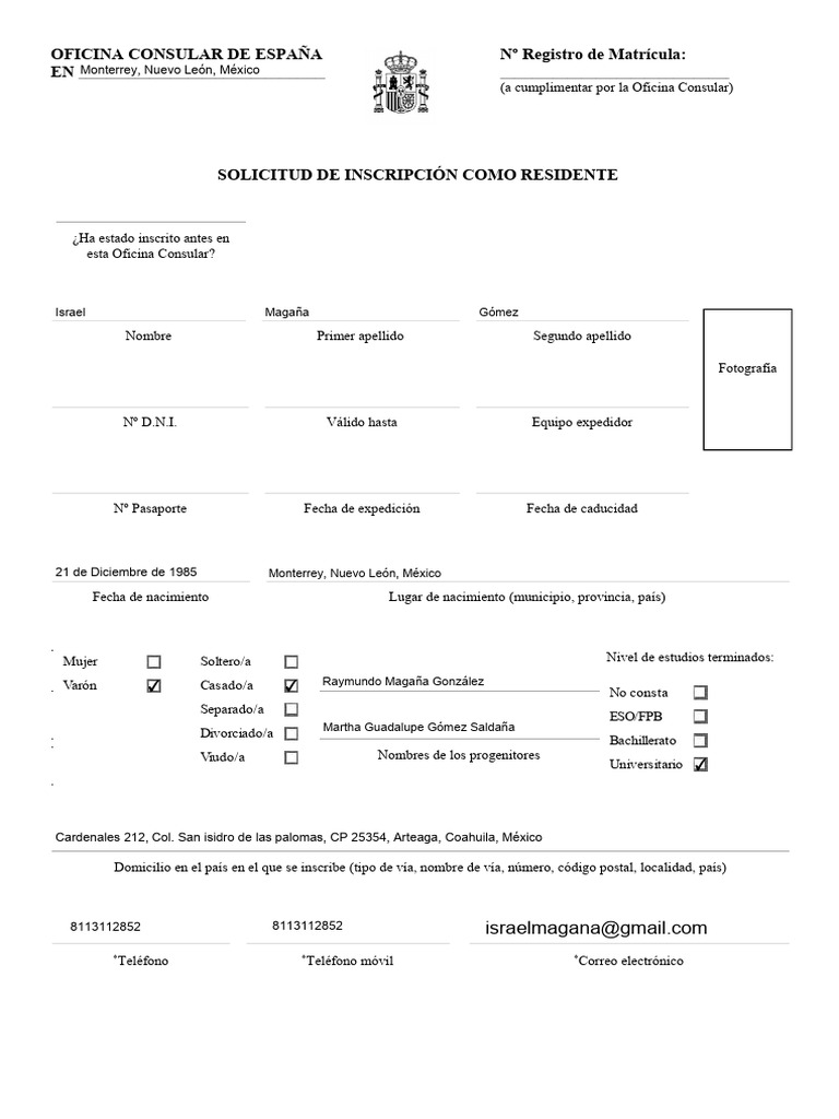 Solicitud de Inscripción Residente | PDF