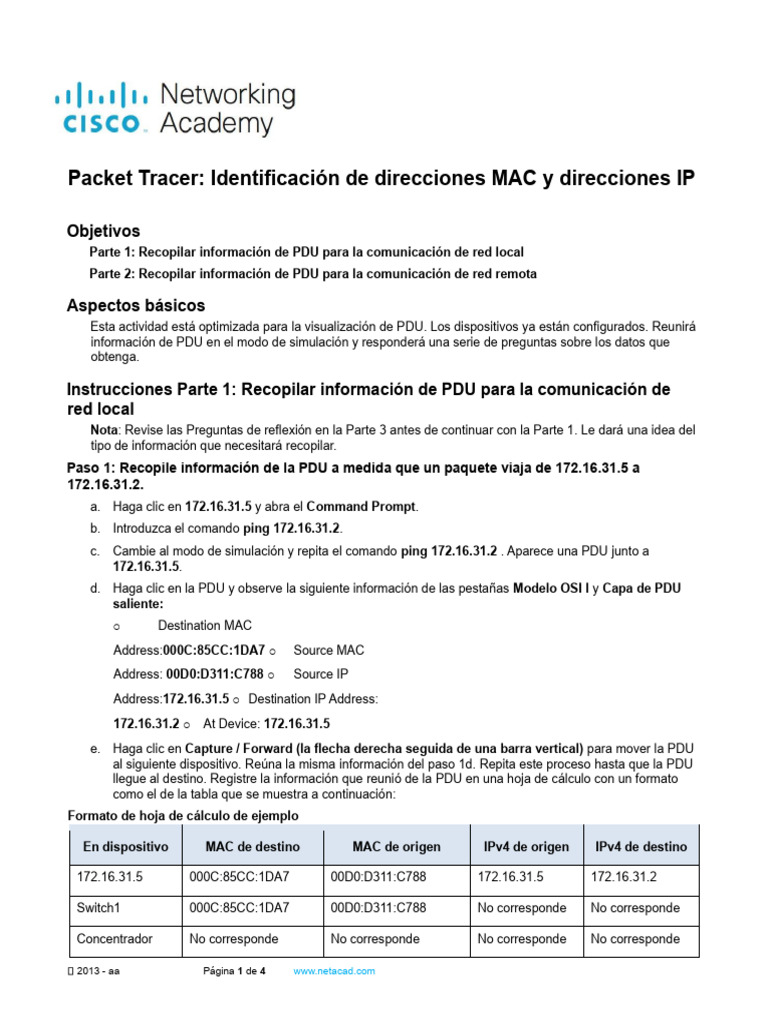 9.1.3 Packet Tracer Identify Mac and Ip Addresses Es XL | PDF ...